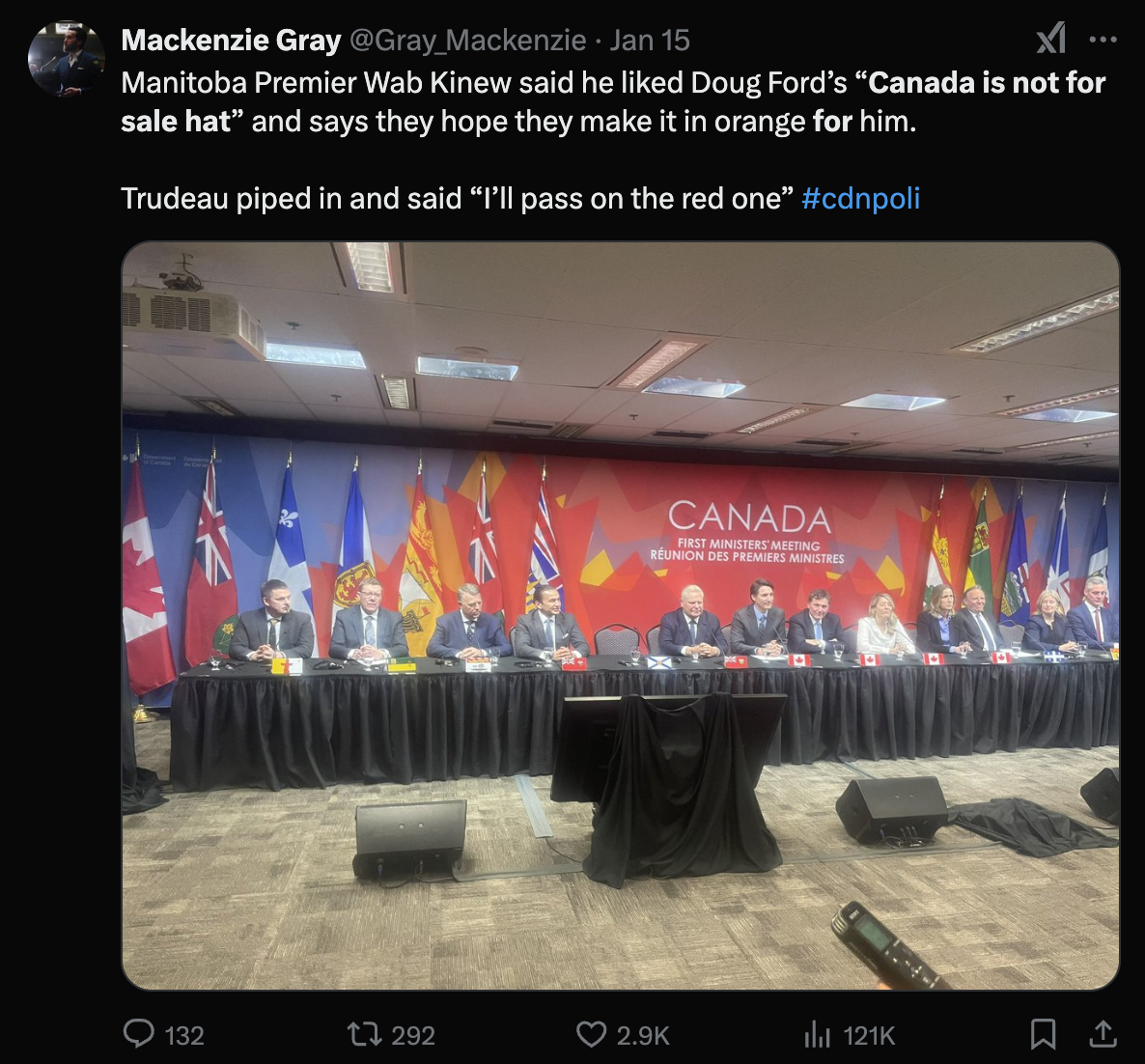 Premiers of Canada at press conference during 2025 First Minister's meeting, where Premier Wab Kinew of Manitoba says he would wear an orange version of our CANADA IS NOT FOR SALE hat.